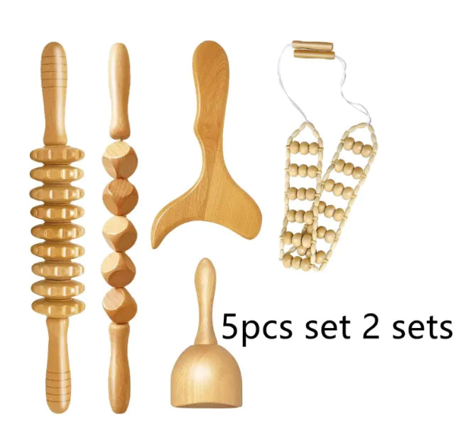 סט עיסוי מעץ 5 חלקים לעיסוי גוף והרפיה